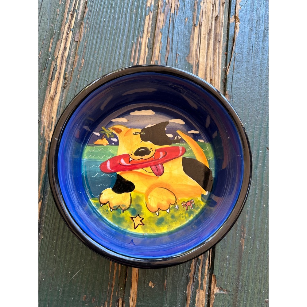 Naylor Designs 2005 Handpainted Ceramic Dog Bowl Blue Red Polka Dot Frisbee 7.5"